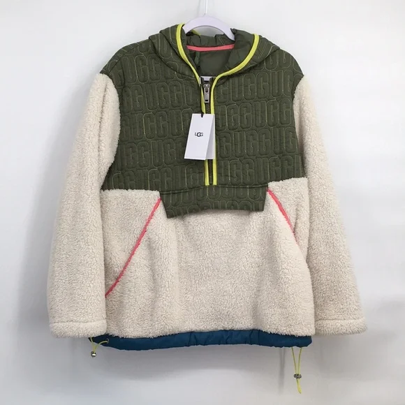 UGG Iggy Sherpa Hooded Half Zip Fleece Pull Over Jacket Olive Womens Large $198 - Picture 1 of 12